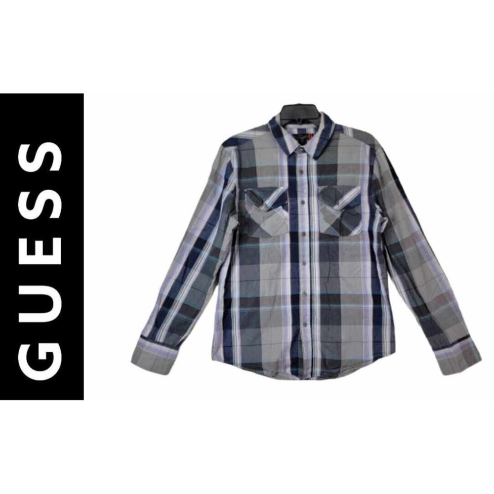 G by Gues Men's Size Medium Plaid Polo Dress Shirt Gray Cotton  Long Sleeves